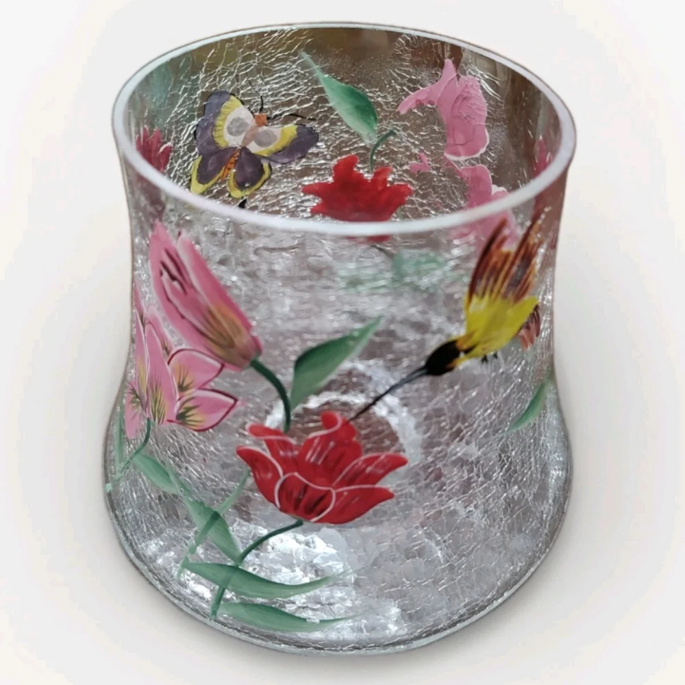 Yankee Candle Type Crackle Glass Jar topper Shade Butterfly, Tulips, Humingbird! - Picture 3 of 12
